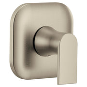 Brushed nickel single-handle shower valve trim with rounded rectangular escutcheon plate and lever handle.