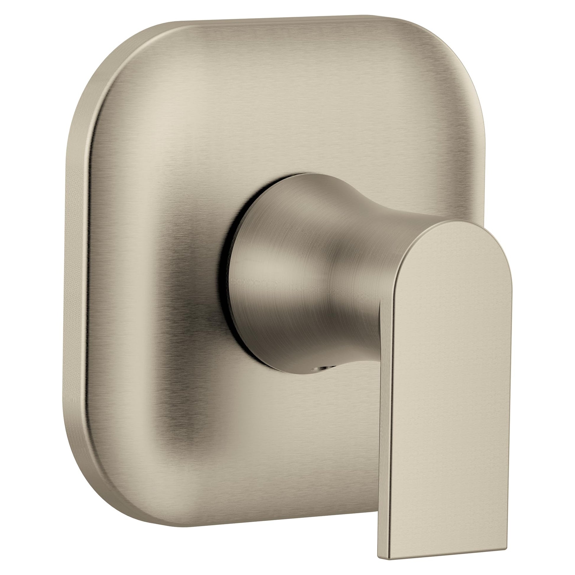 Brushed nickel single-handle shower valve trim with rounded rectangular escutcheon plate and lever handle.