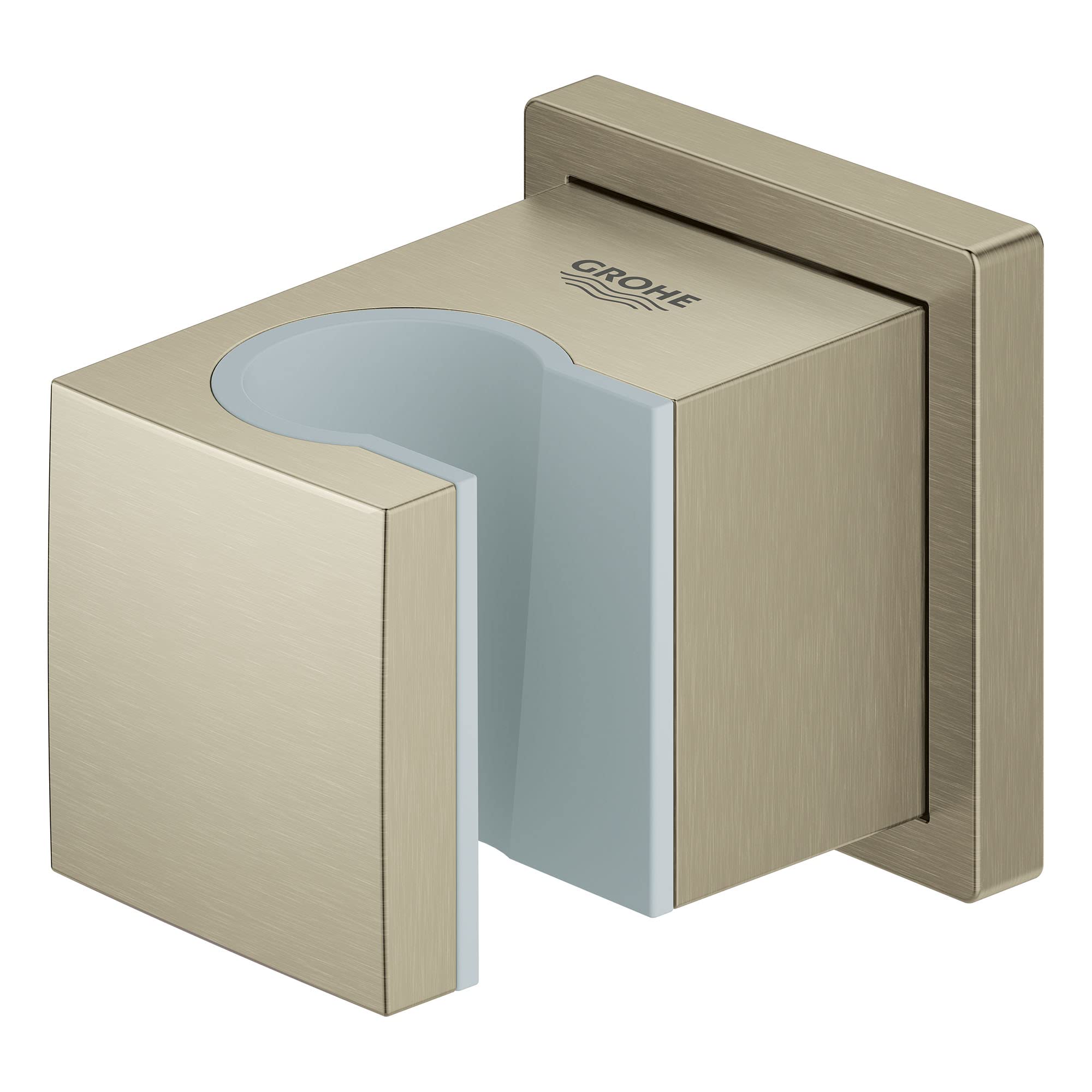 Brushed nickel wall-mounted hand shower holder with curved grip cradle and rectangular mounting bracket.