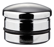 Chrome cover cap with domed top and two black rubber bands around cylindrical base.