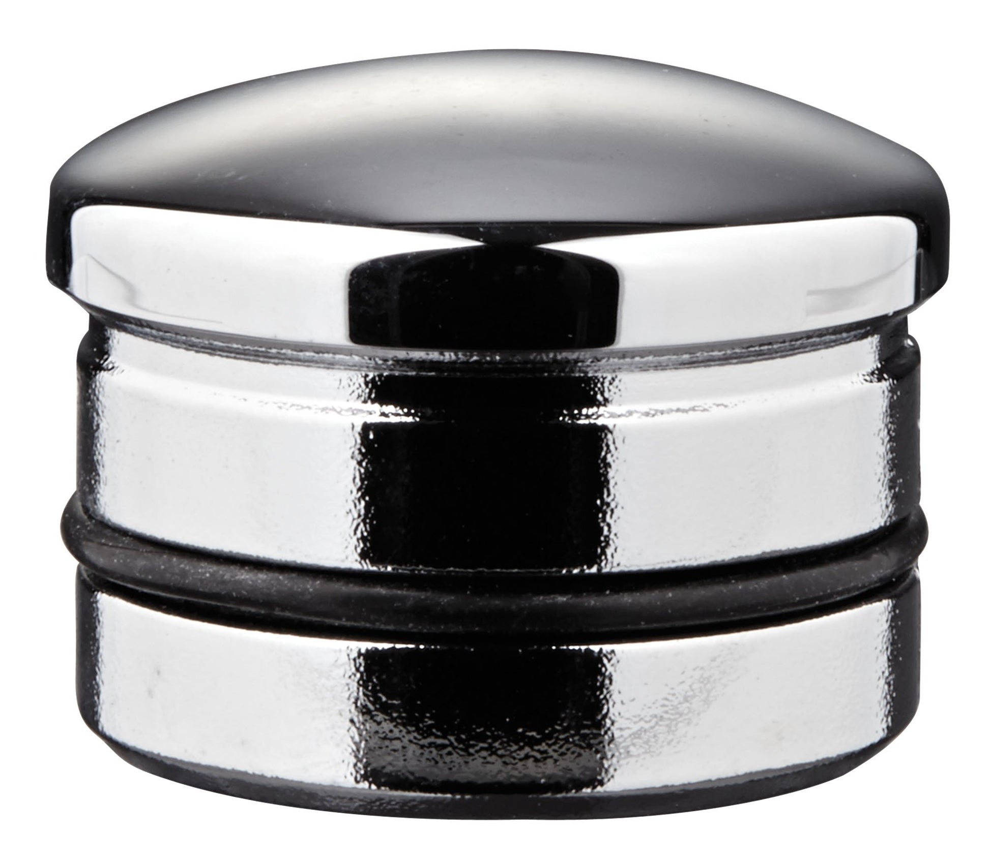 Chrome cover cap with domed top and two black rubber bands around cylindrical base.