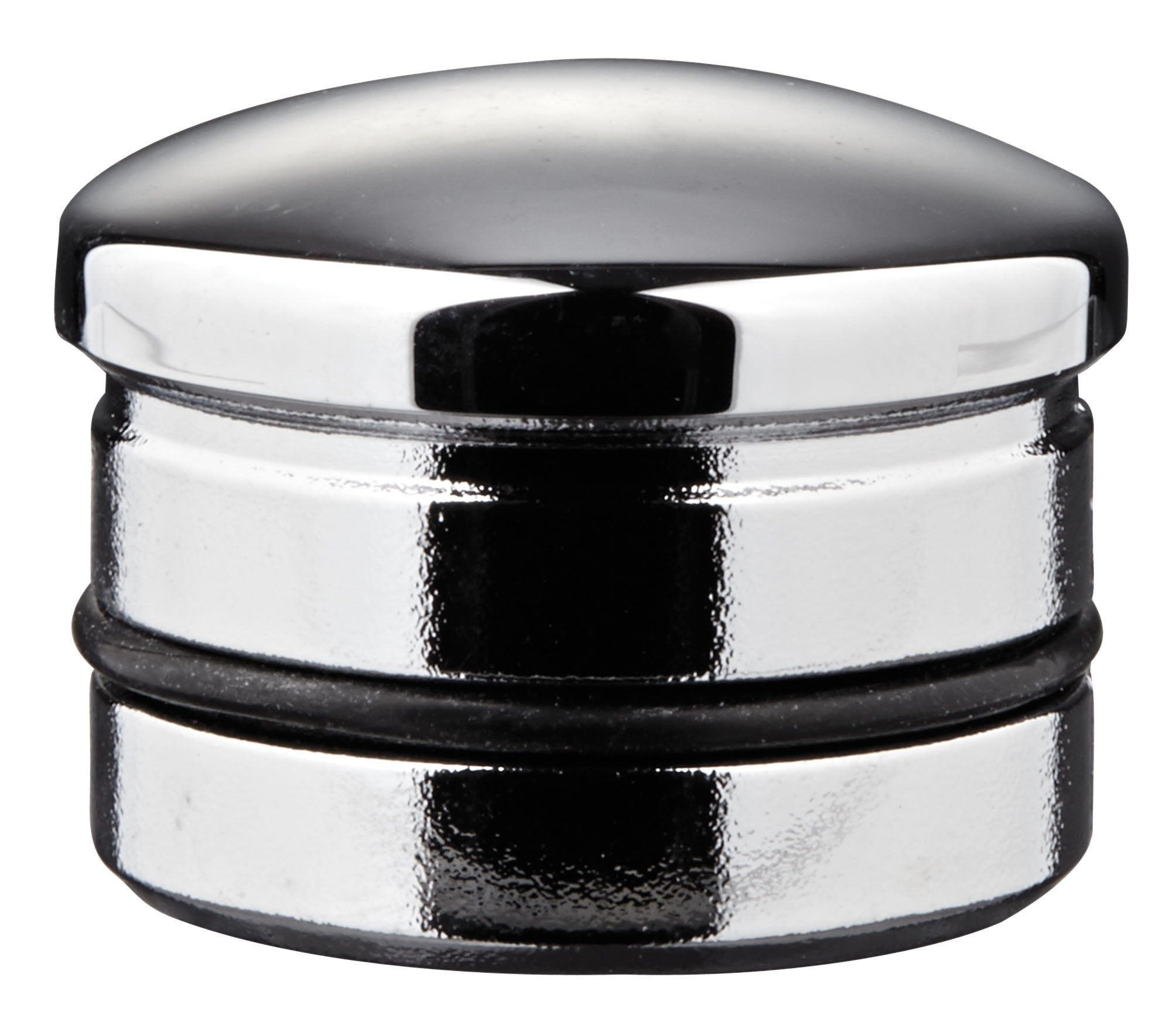 Chrome cover cap with domed top and two black rubber bands around cylindrical base.