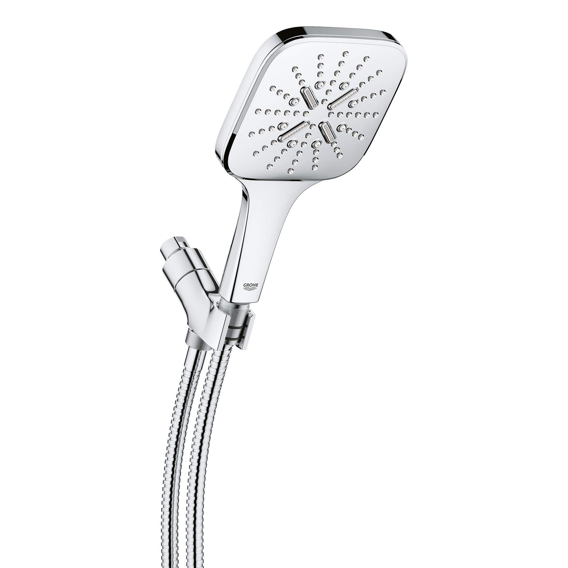 Chrome hand shower with square face, multiple spray holes, connected to braided hose with control handle.