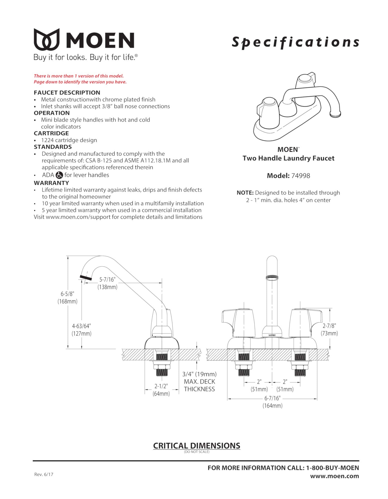Moen two-handle laundry faucet with chrome finish, mini blade handles, and 3/8" ball nose connections shown in line drawings 