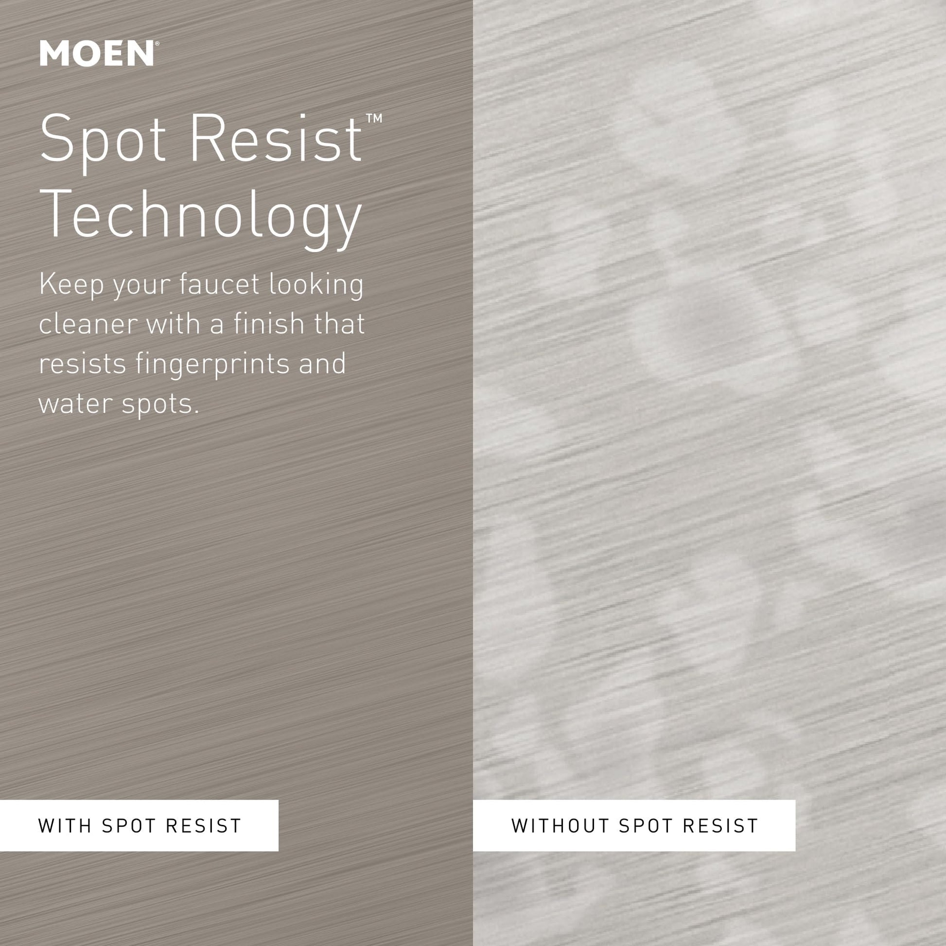 Moen Nio stainless steel bar faucet with single handle shown in spot-resistant and standard finishes side-by-side.