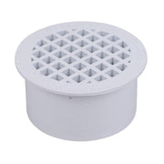 White PVC floor drain with snap-in grate featuring square perforations for water drainage.