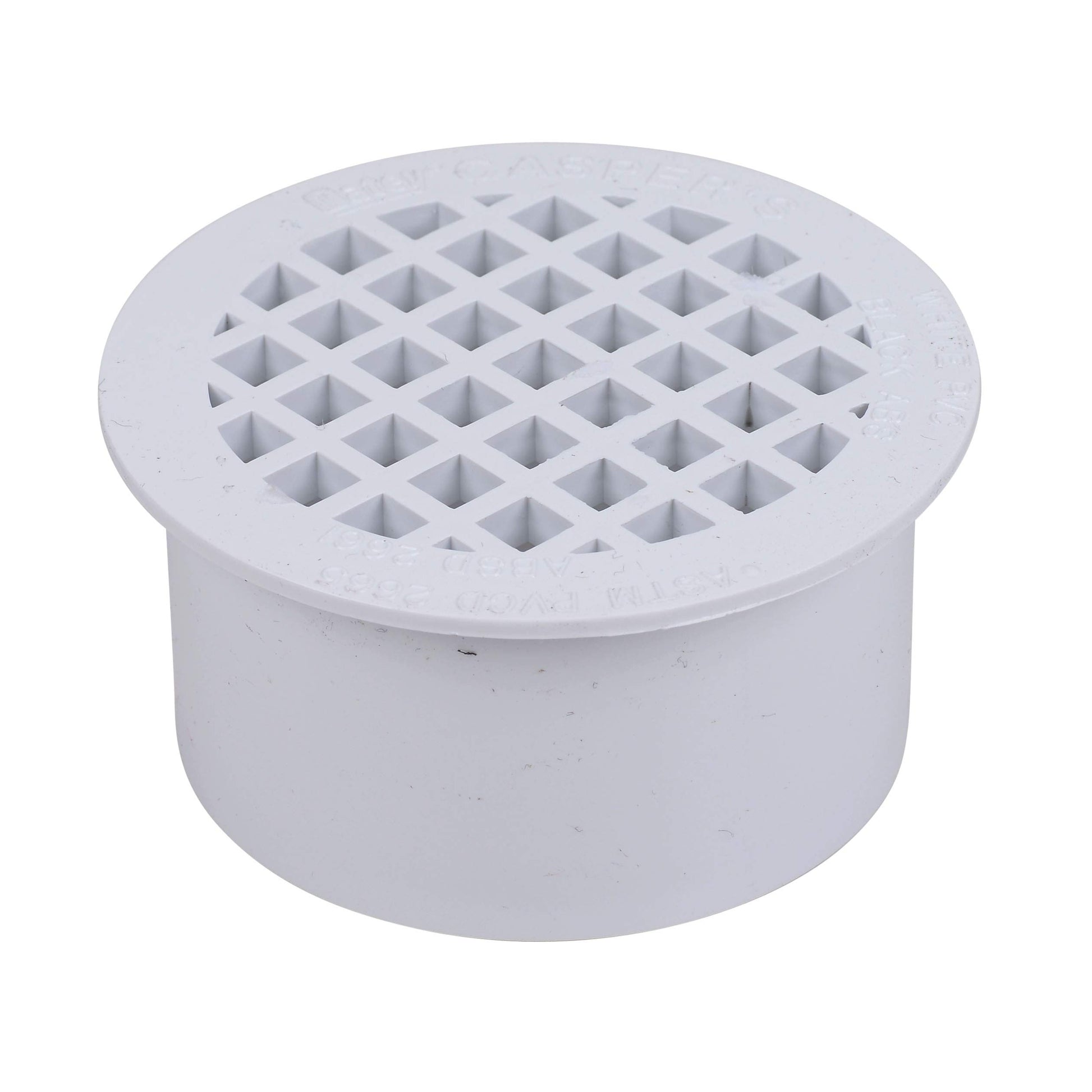 White PVC floor drain with snap-in grate featuring square perforations for water drainage.