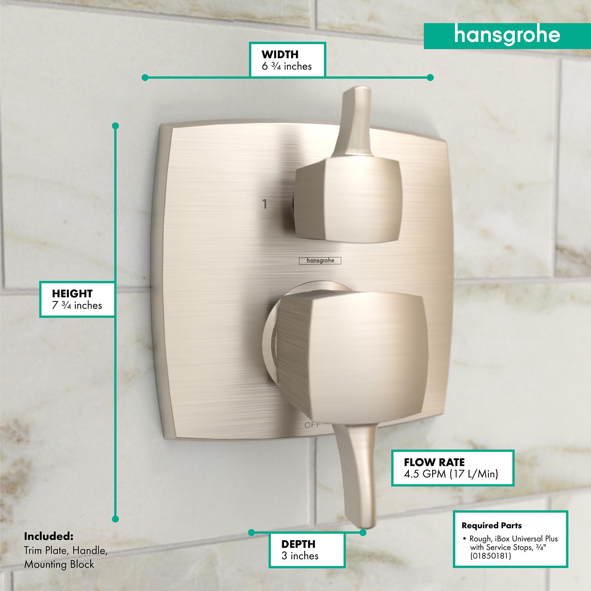 Brushed nickel square pressure balance trim with diverter handle and control knob mounted on wall tile.