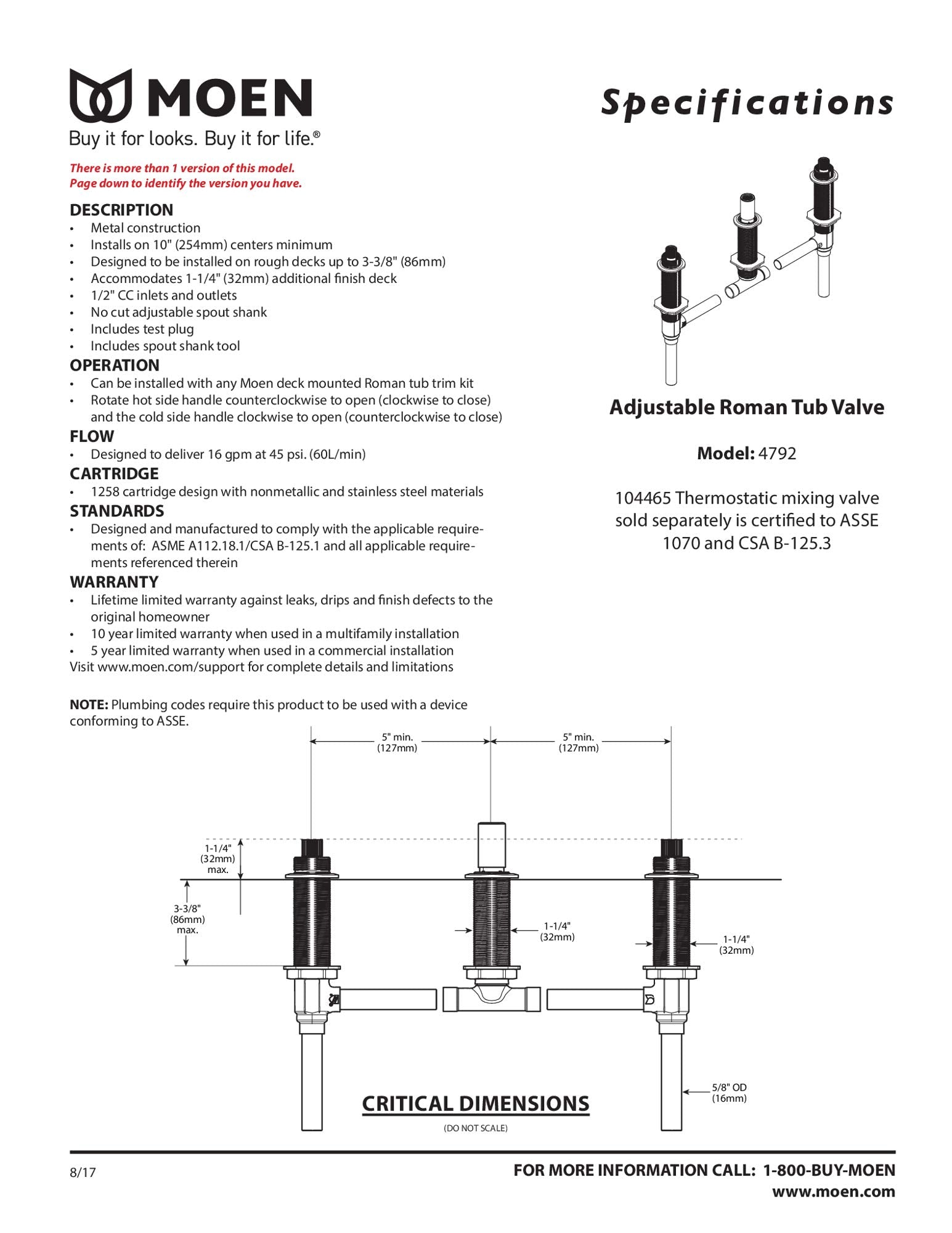Moen Model 4792 adjustable Roman tub valve rough-in with three metal inlet stems and dimensional specifications.
