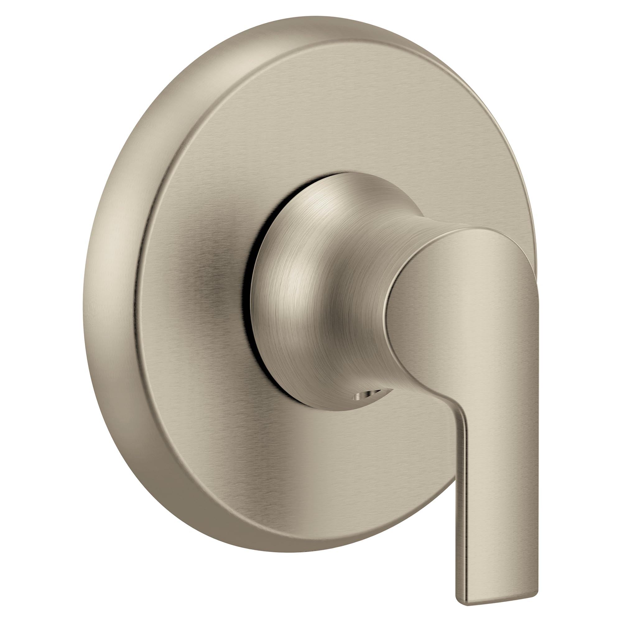 Brushed nickel single-handle transfer valve trim with round escutcheon plate and lever handle.