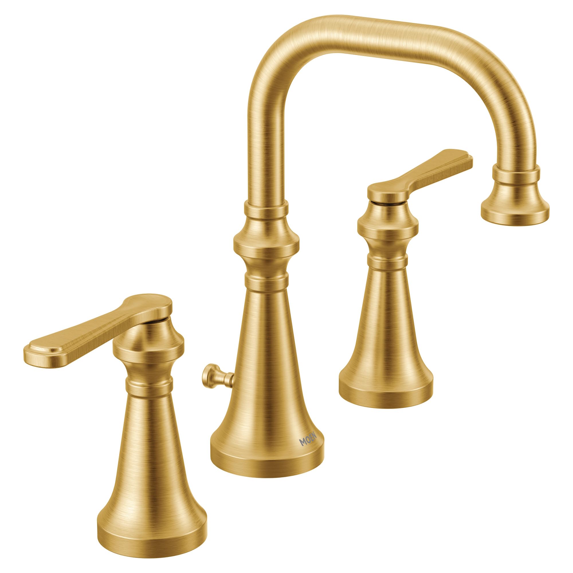 Brushed gold two-handle faucet trim with arched spout and lever handles in traditional style.