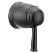 Matte black volume control valve trim with spherical handle and cylindrical mounting plate.
