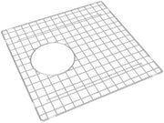 Stainless steel sink grid with square mesh pattern and circular drain opening cutout.