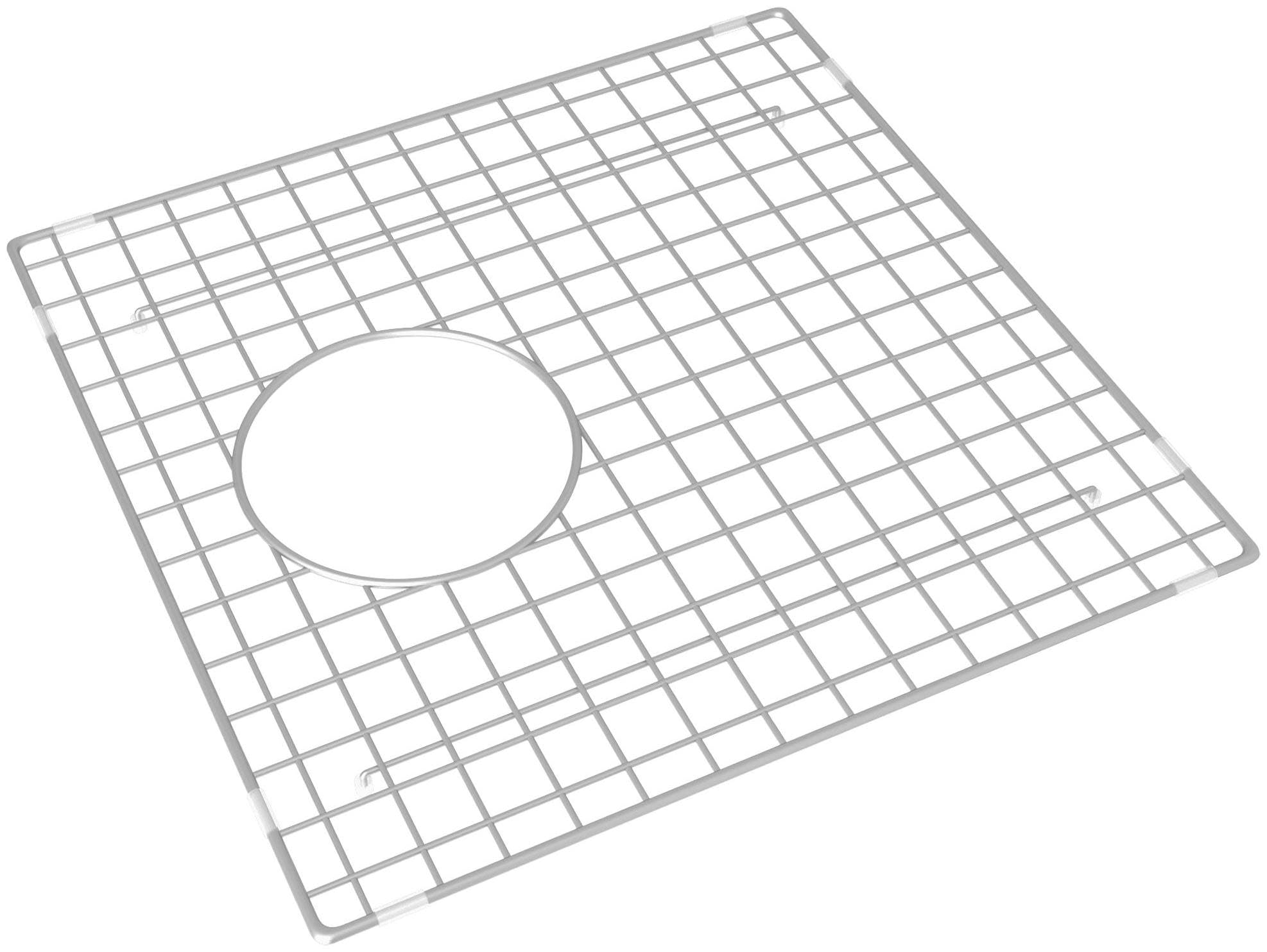 Stainless steel sink grid with square mesh pattern and circular drain opening cutout.