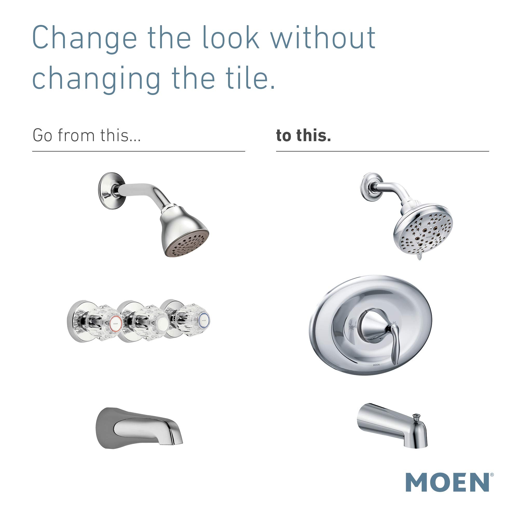 Chrome tub and shower trim kit with single lever handle, showerhead, and spout components.