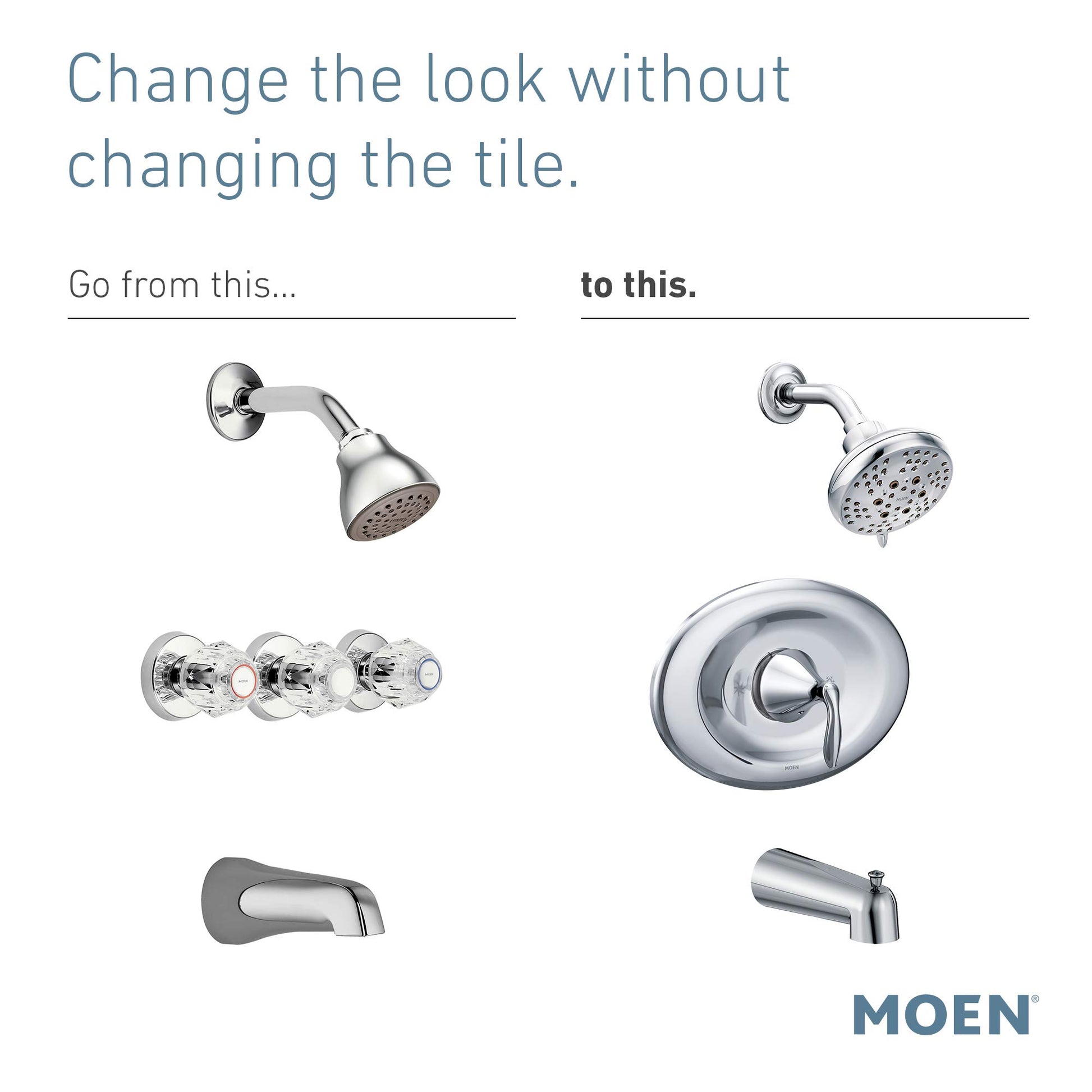 Brushed nickel tub and shower trim kit with single-lever handle, showerhead, and spout components.