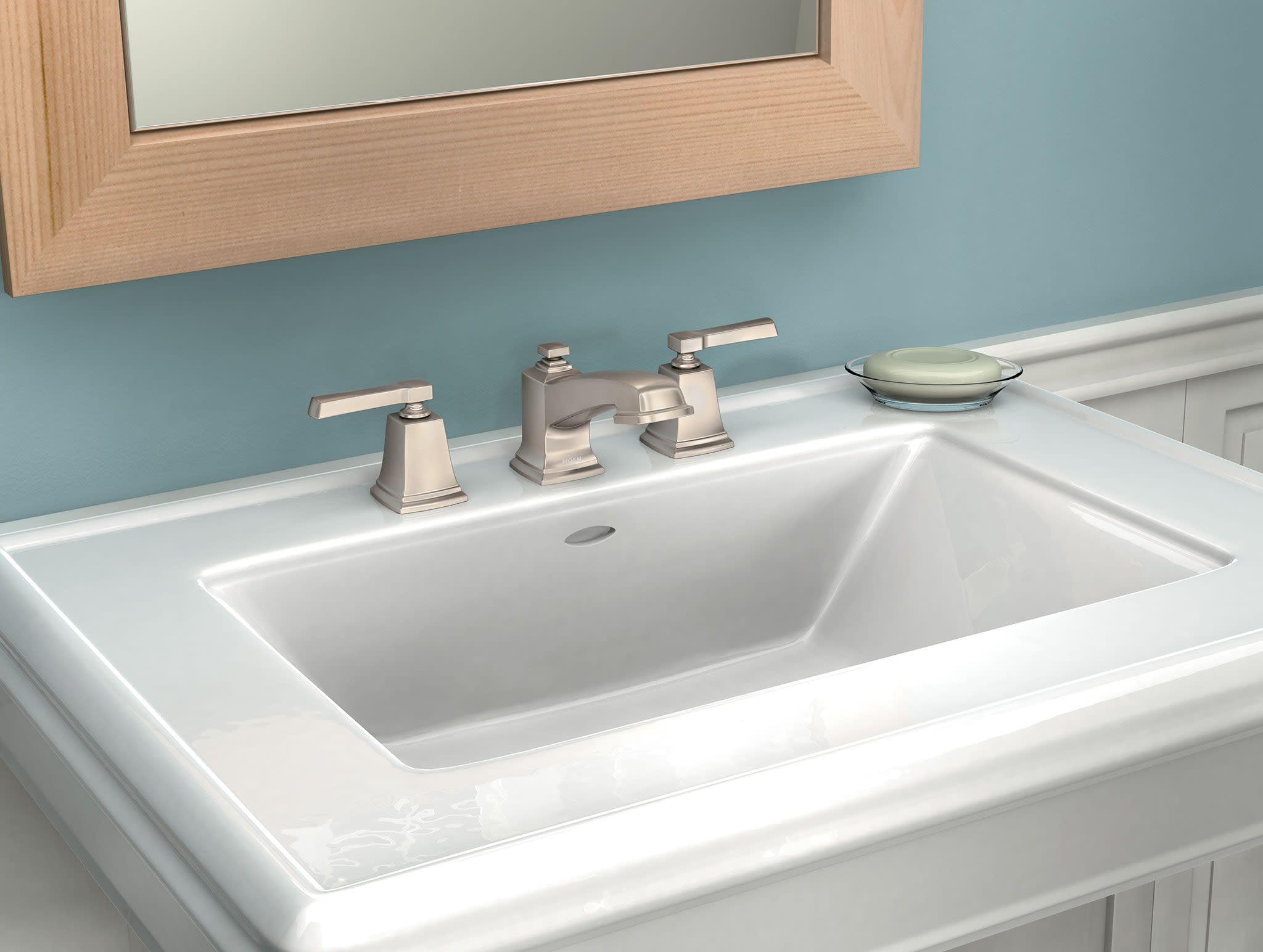 Moen Boardwalk Two Handle High Arc Widespread Bathroom Sink Faucet for 3 Hole Setups with Valve Included in Spot Resist Brushed Nickel - TV6220SRN