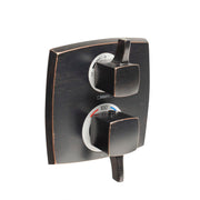 Rubbed bronze square thermostatic shower trim with two handles, one for temperature control and one for volume adjustment.