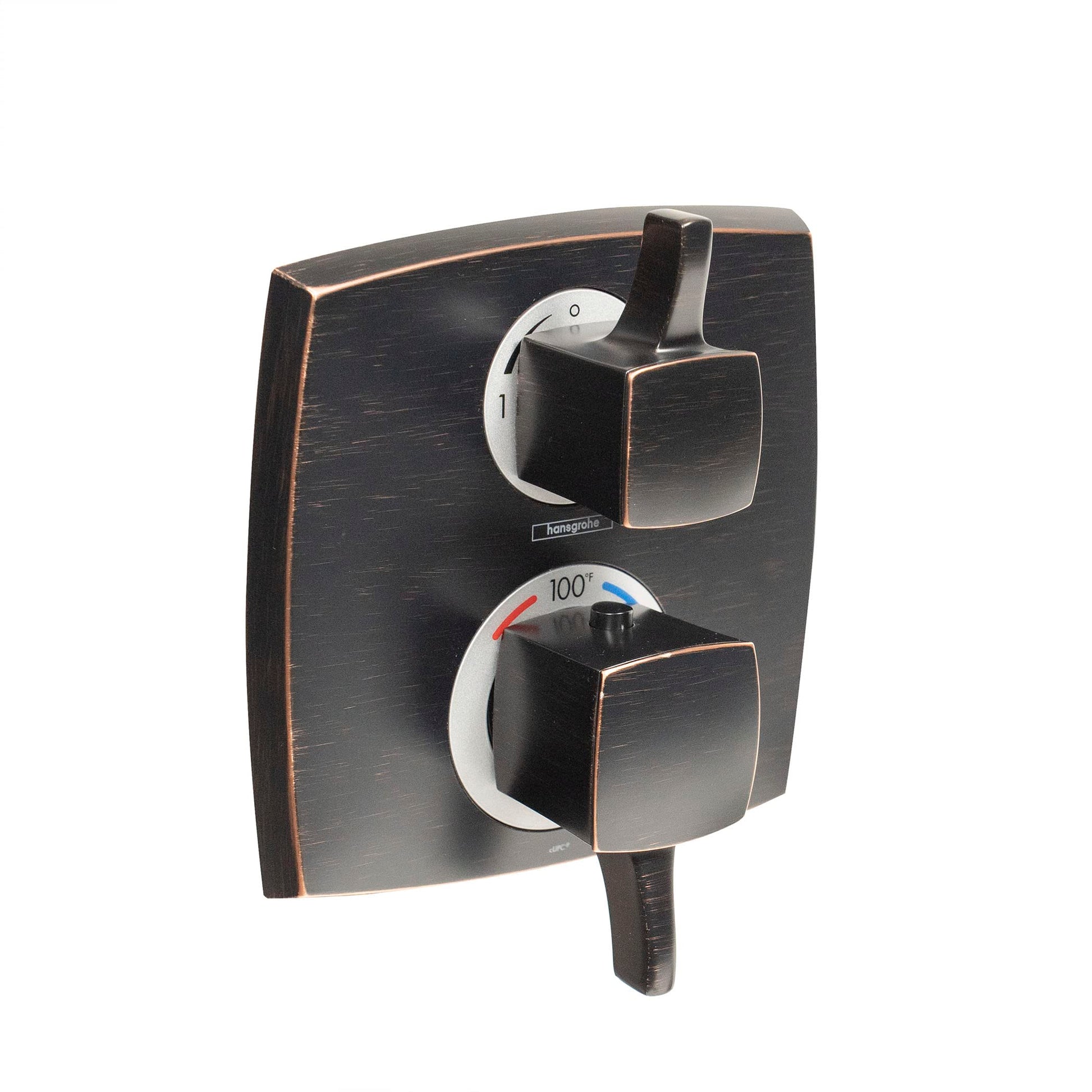 Square rubbed bronze thermostatic shower valve trim with upper diverter lever and lower volume control knob.