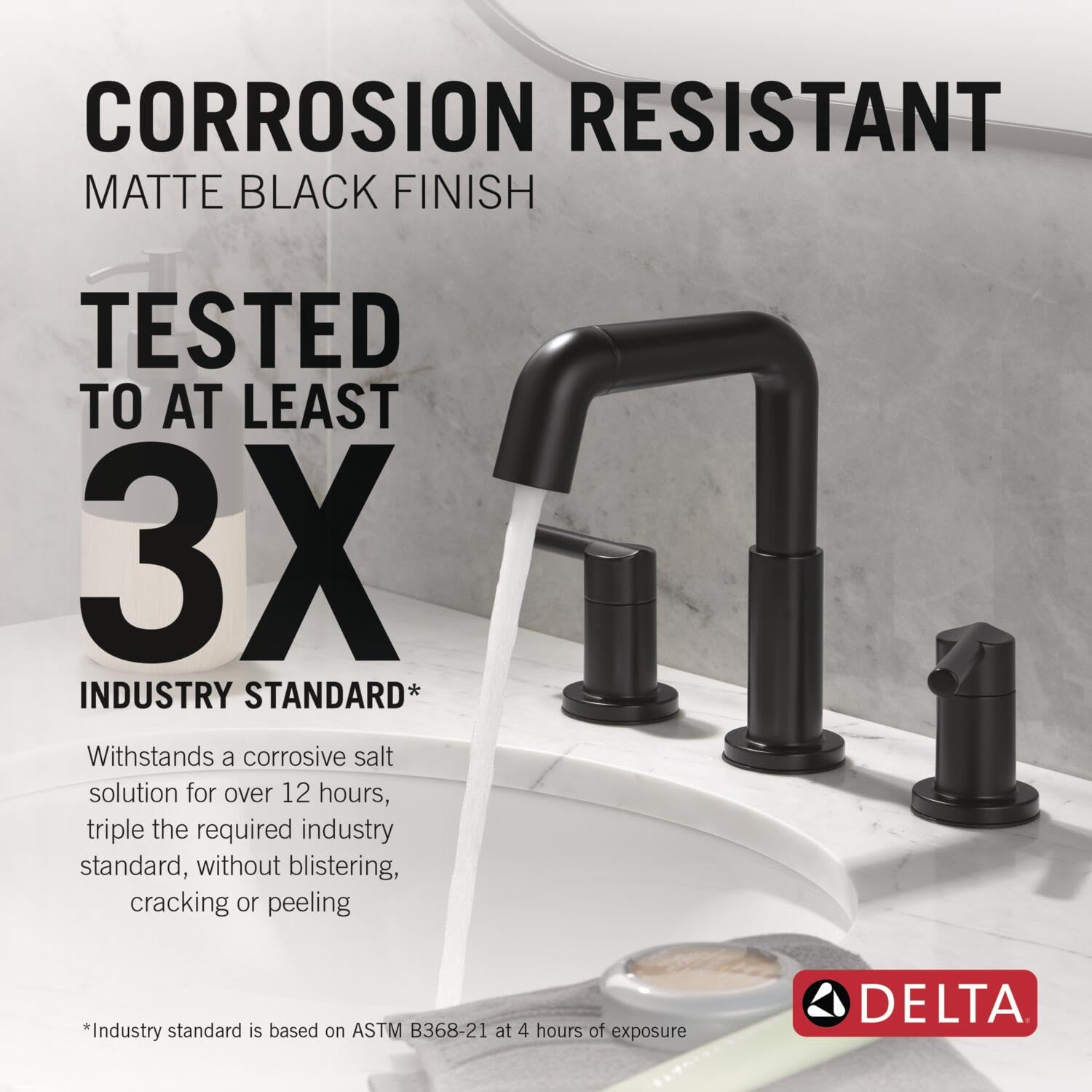 Matte black two-handle widespread bathroom faucet with pull-down spout installed on white sink.