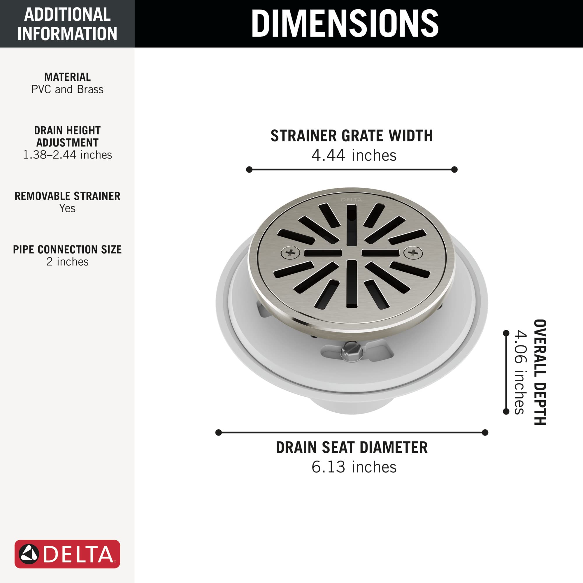 Round stainless steel shower drain with slotted grate and white PVC base, 4.44 inches wide.