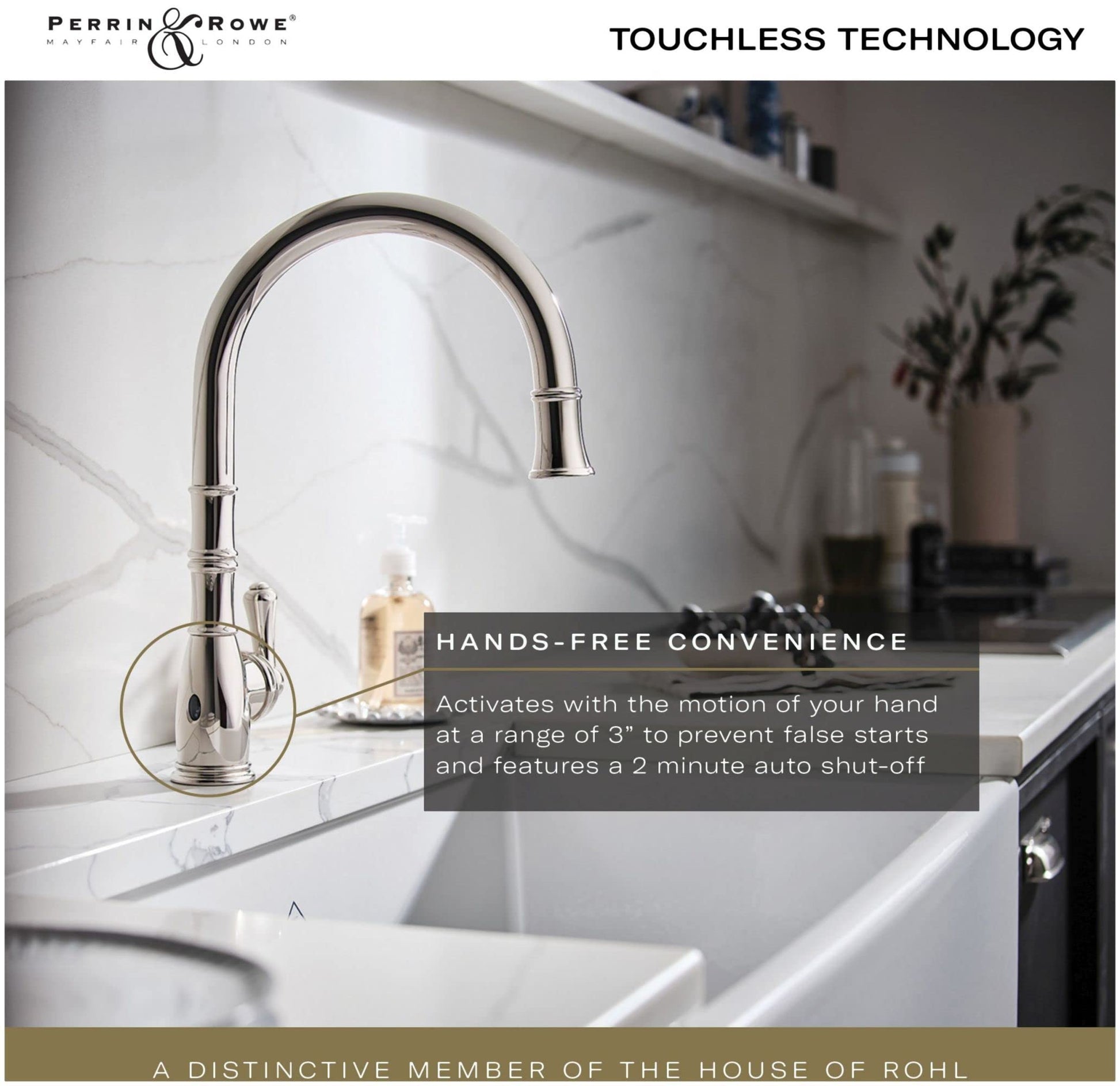 Chrome touchless kitchen faucet with curved spout and sensor activation displayed above white sink in modern bathroom.