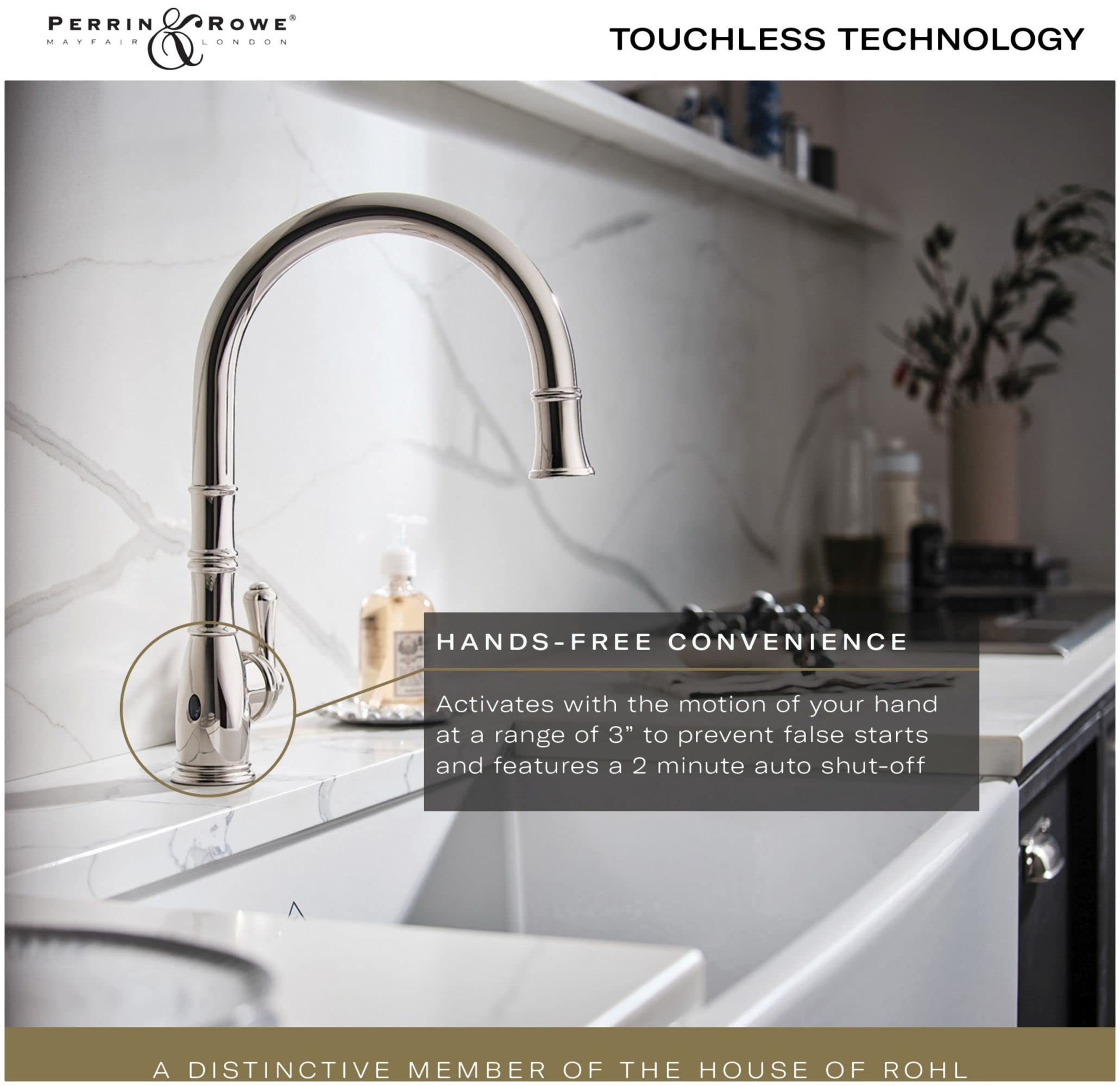 Chrome touchless kitchen faucet with curved spout and sensor activation displayed above white sink in modern bathroom.