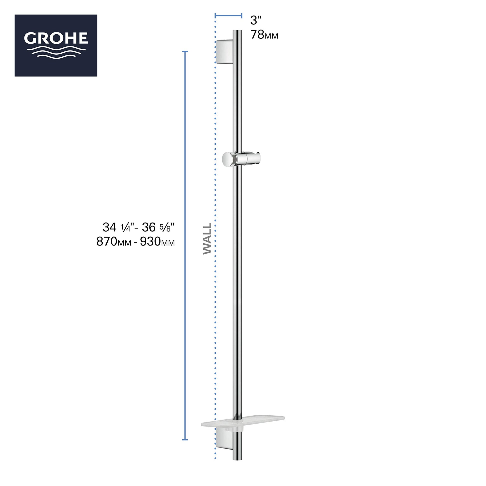 Grohe Rainshower hard graphite vertical shower slide bar with adjustable height and hand shower holder.