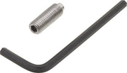 Chrome-plated set screw with hex socket and black Allen wrench on white background.