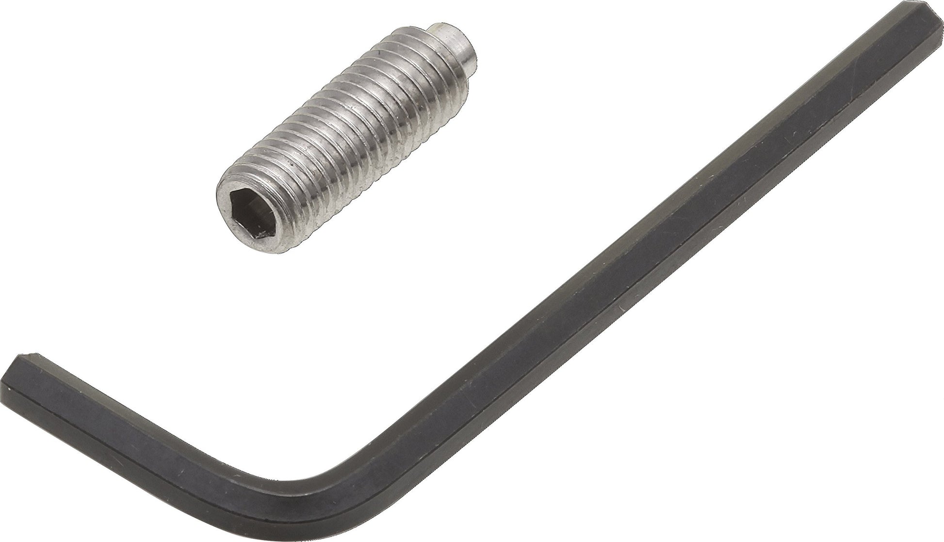 Chrome-plated set screw with hex socket and black Allen wrench on white background.