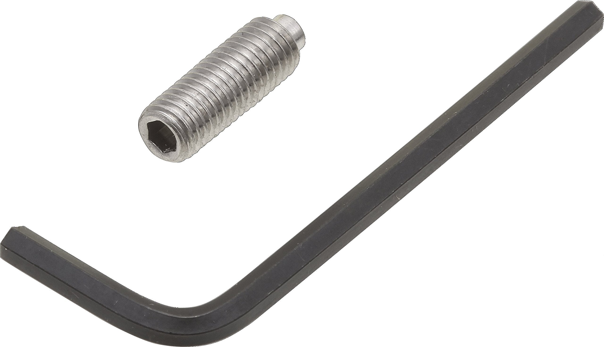 Chrome-plated set screw with hex socket and black Allen wrench on white background.
