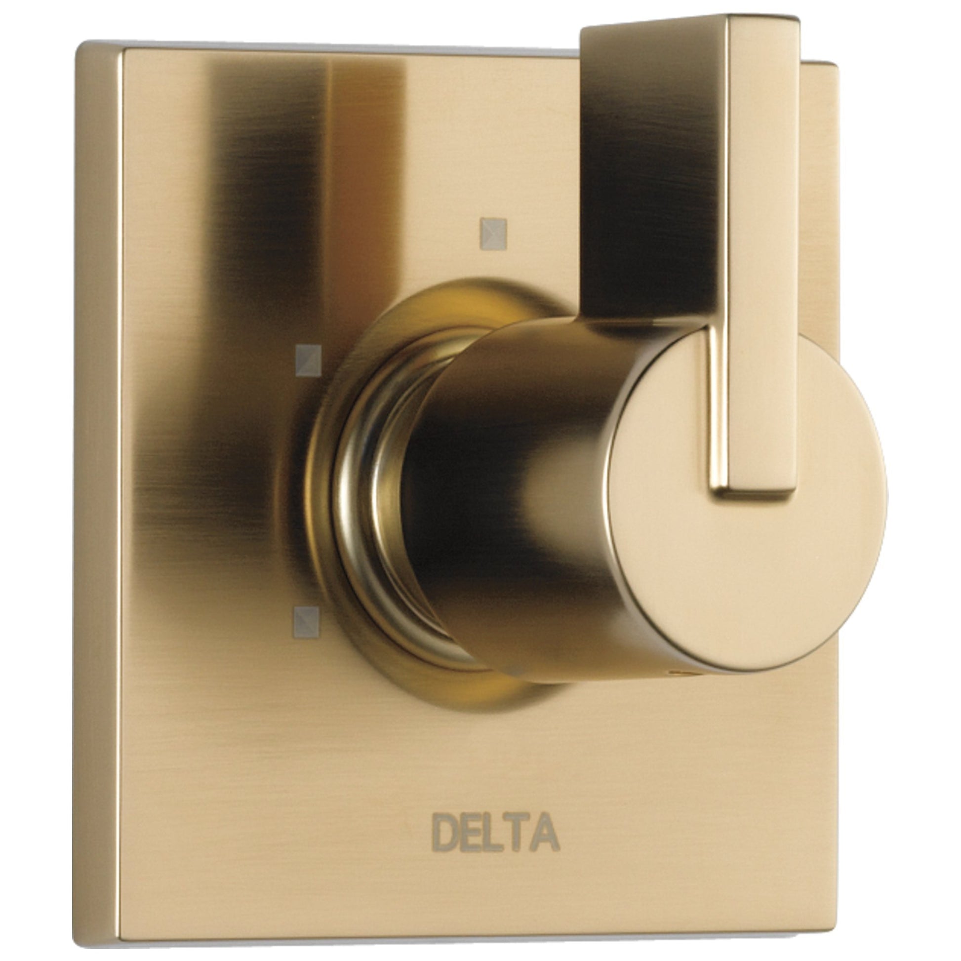 Champagne bronze diverter trim with round handle and rectangular escutcheon plate featuring Delta branding.