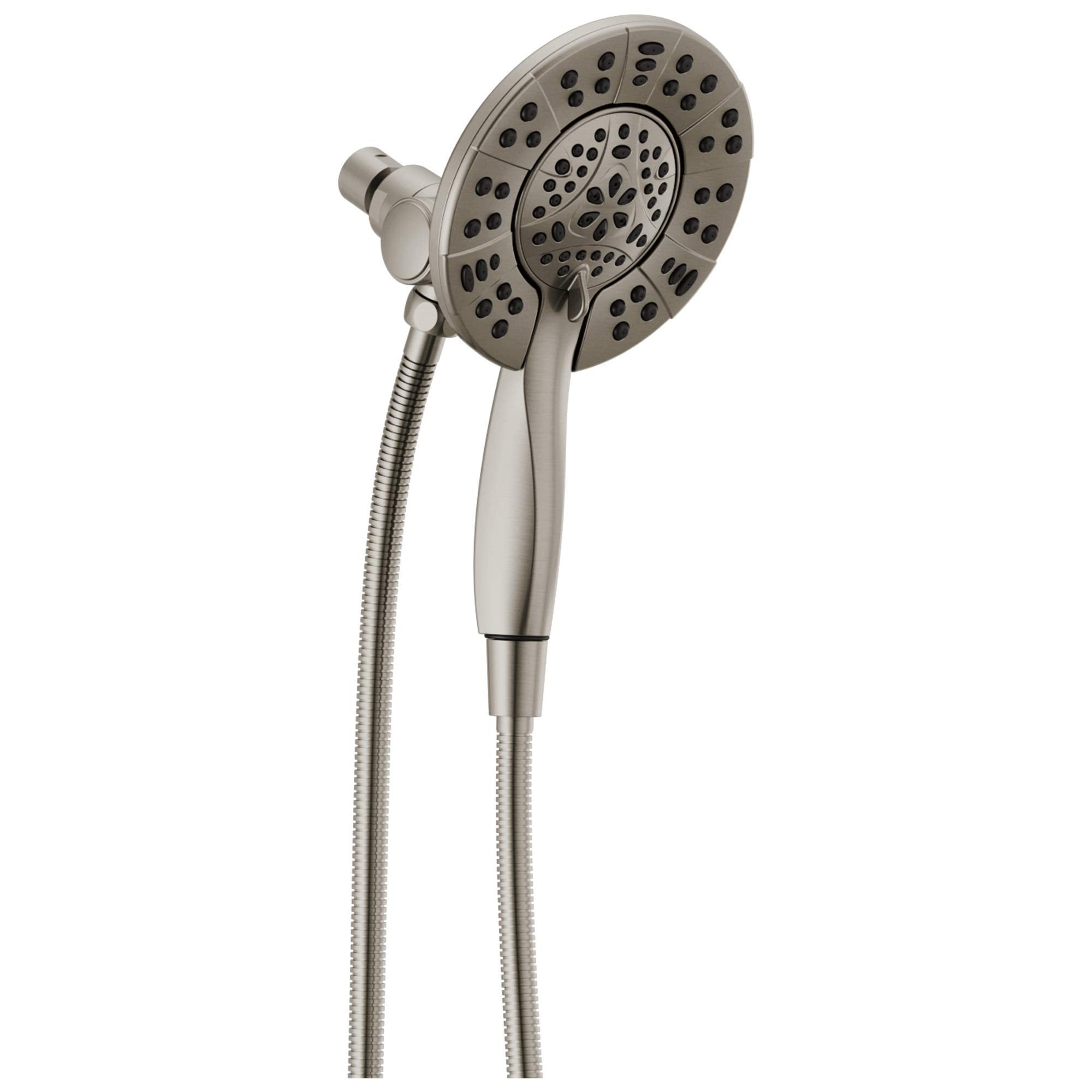 Brushed nickel two-in-one round showerhead with adjustable handheld spray and flexible hose attachment.