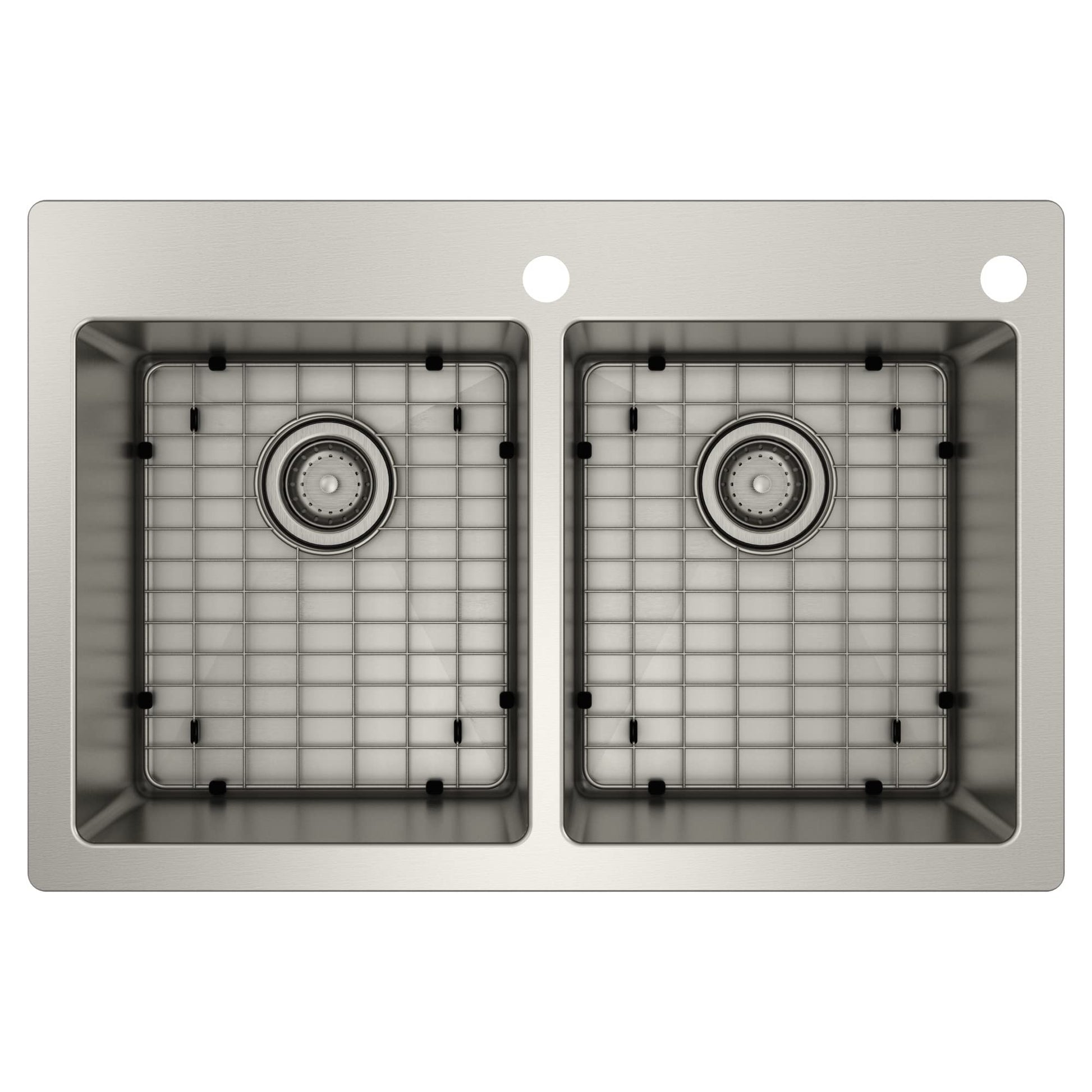 Stainless steel double bowl kitchen sink with two drain strainers and protective grids viewed from above.