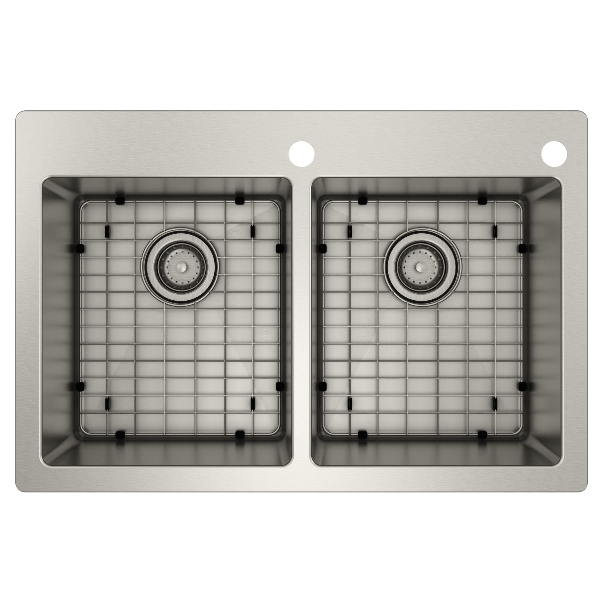 Stainless steel double bowl kitchen sink with two drain strainers and protective grids viewed from above.