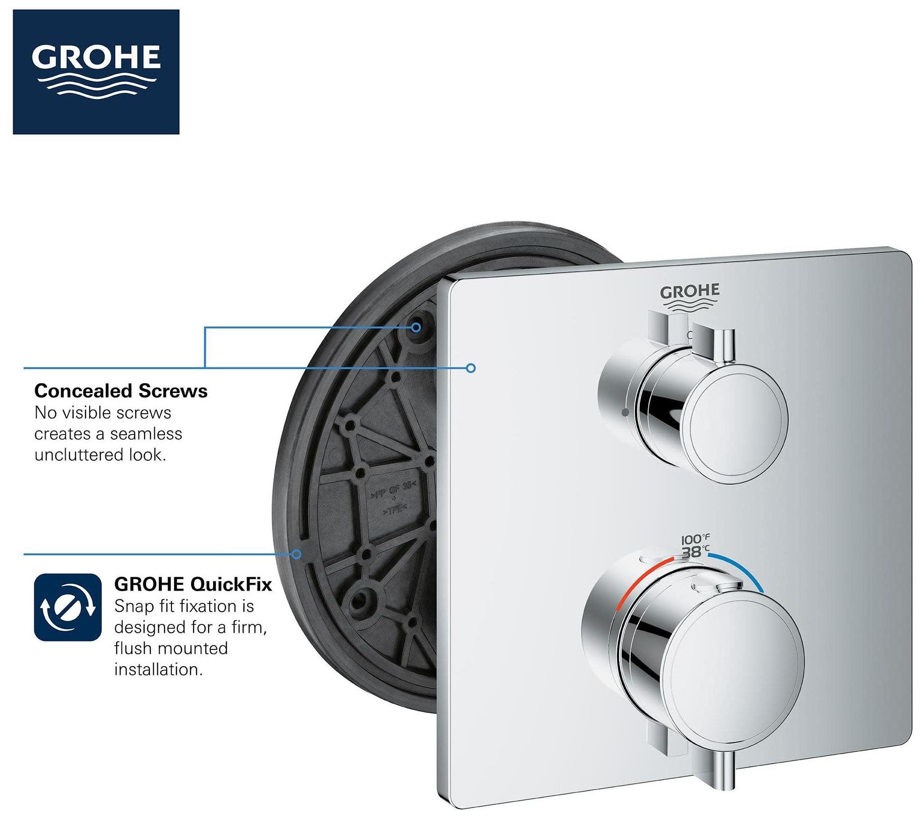 Grohe Grohtherm thermostatic valve trim with square plate, two round handles, and temperature dial in polished chrome finish.