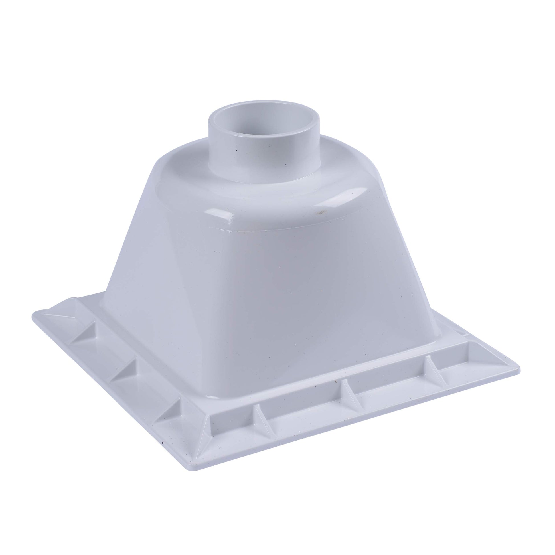 White floor-mounted utility sink with conical basin and 3-inch socket drain outlet on rectangular base.