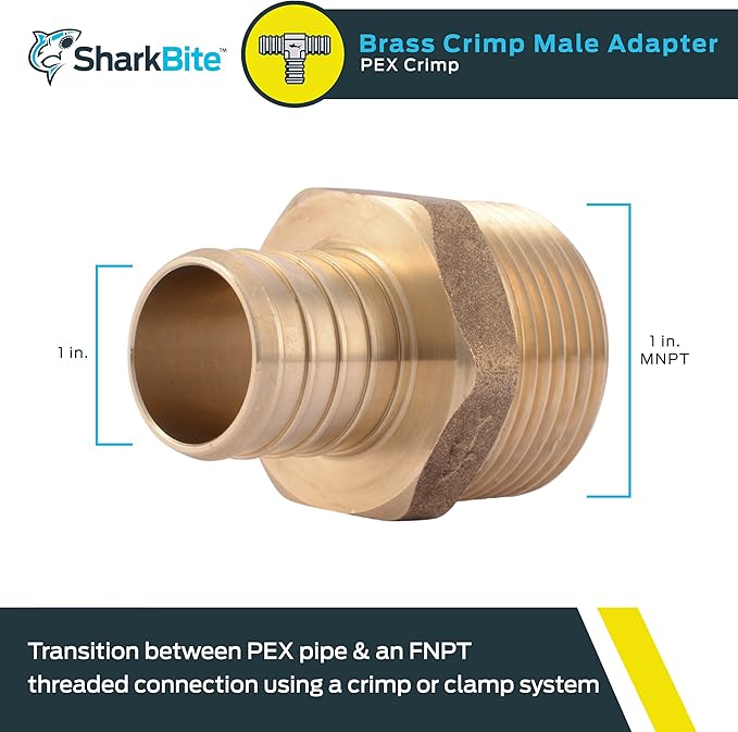Brass crimp male connector with 1 in. PEX crimp end and 1 in. MNPT threaded end.