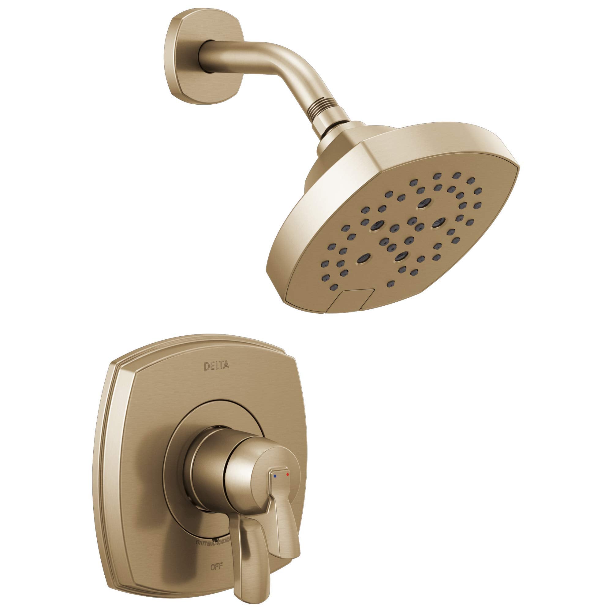 Champagne bronze shower valve with single lever handle and matching showerhead with multiple spray holes.