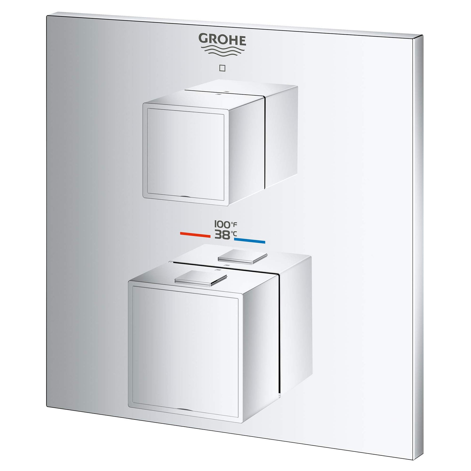 Grohe chrome thermostatic valve trim with two square handles and temperature display showing 38°C/100°F.