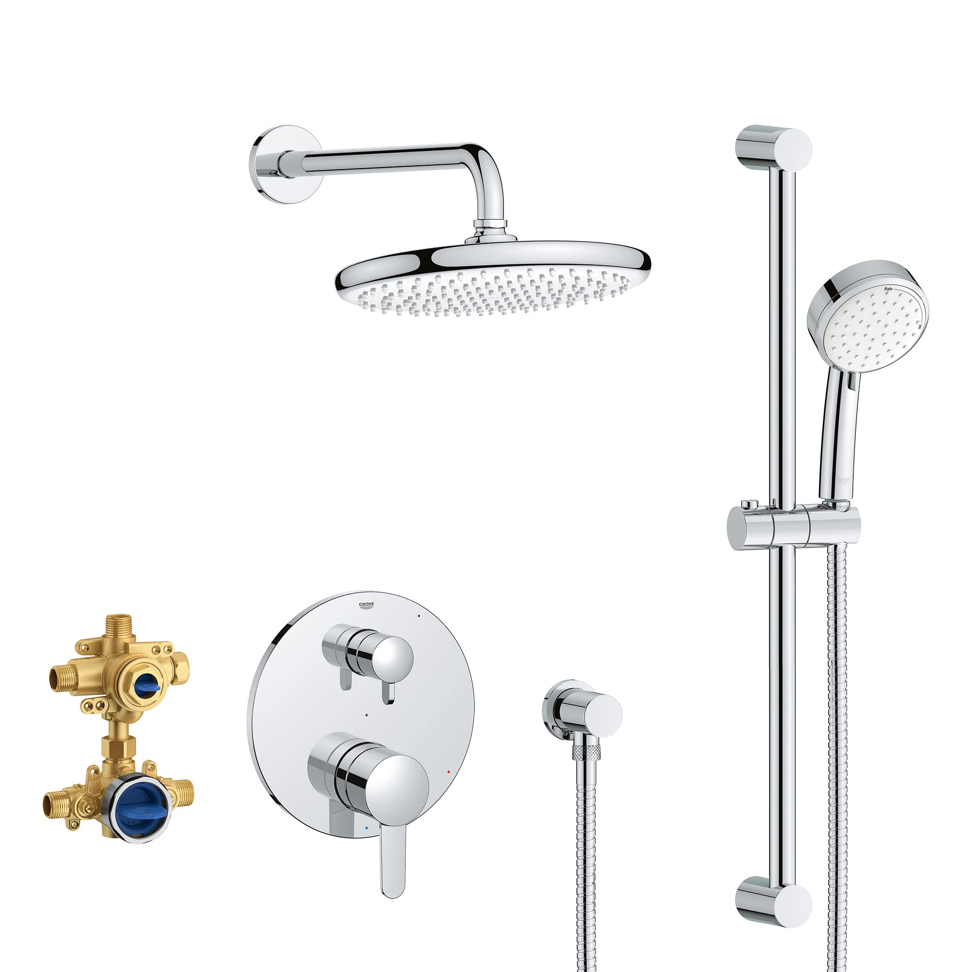 Chrome pressure balance rain shower set with overhead showerhead, handheld showerhead on vertical rail, wall-mounted valve tr