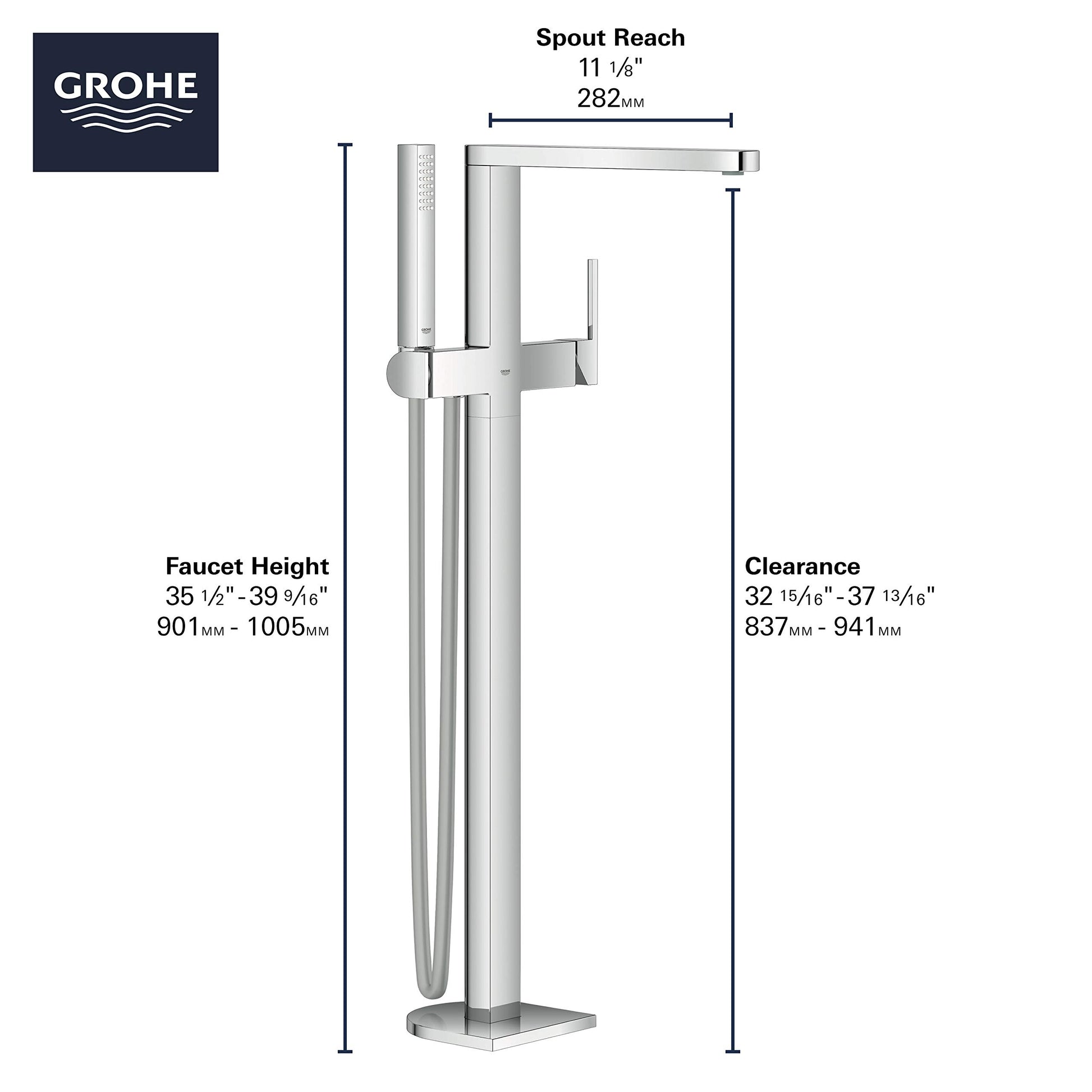 Chrome freestanding tub faucet with single handle, curved spout, and detachable hand shower on square base.