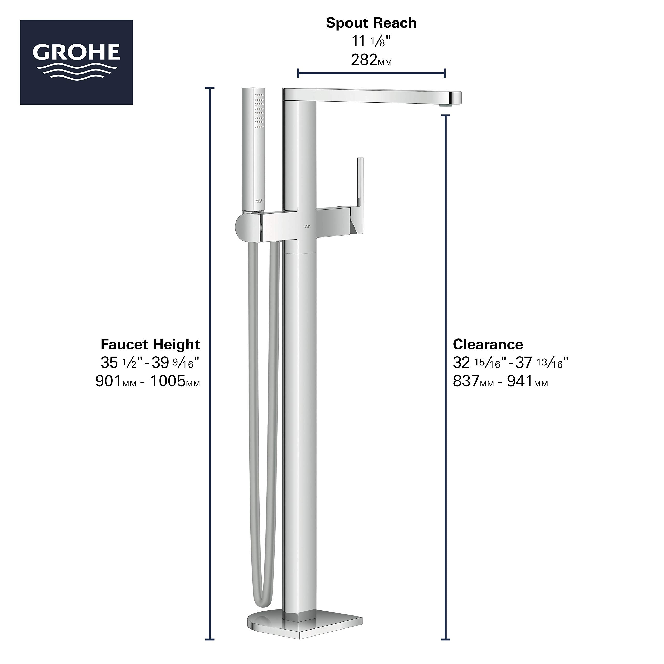 Chrome freestanding tub faucet with single handle, curved spout, and detachable hand shower on square base.