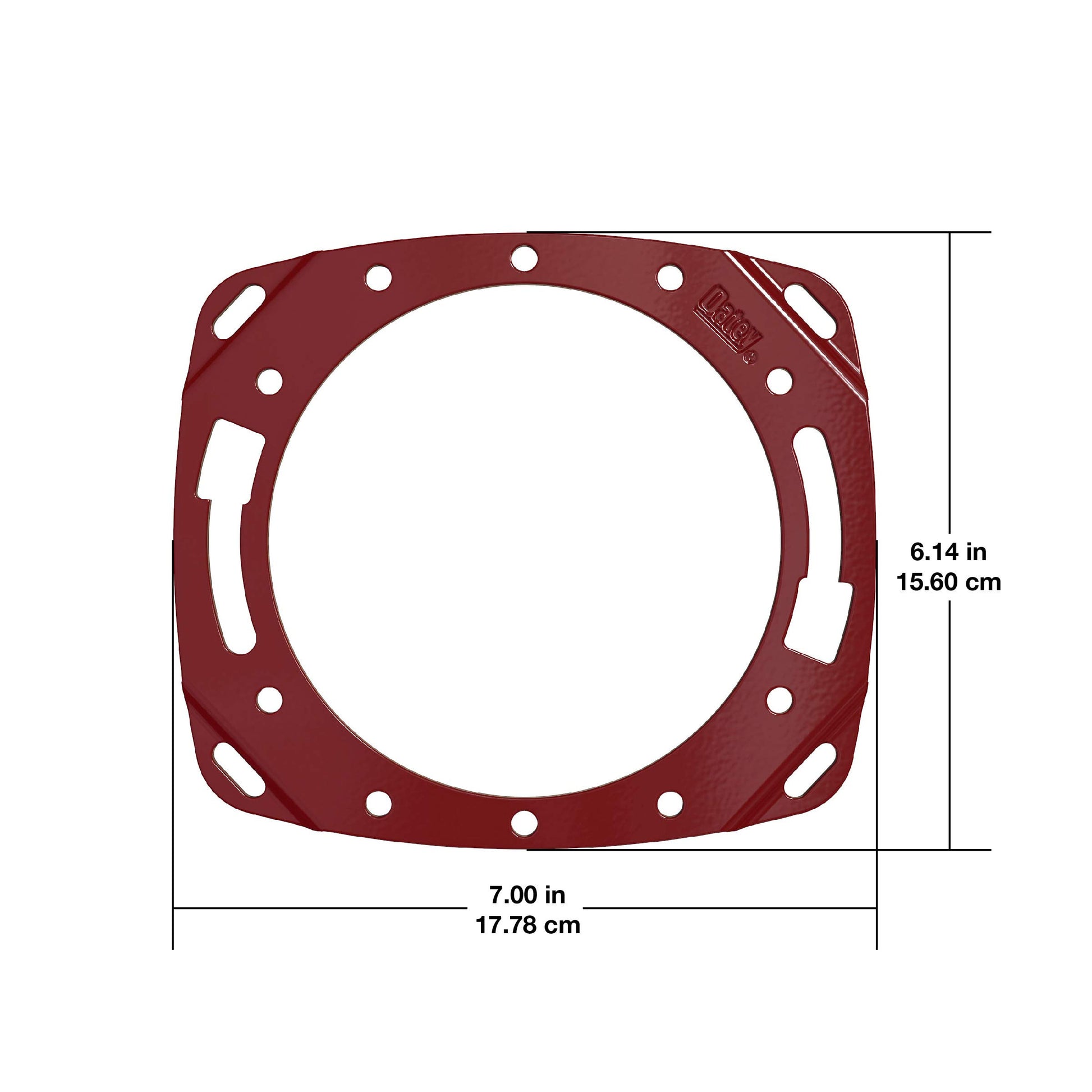 Red plastic toilet flange repair ring with mounting holes and rectangular cutouts around the perimeter.