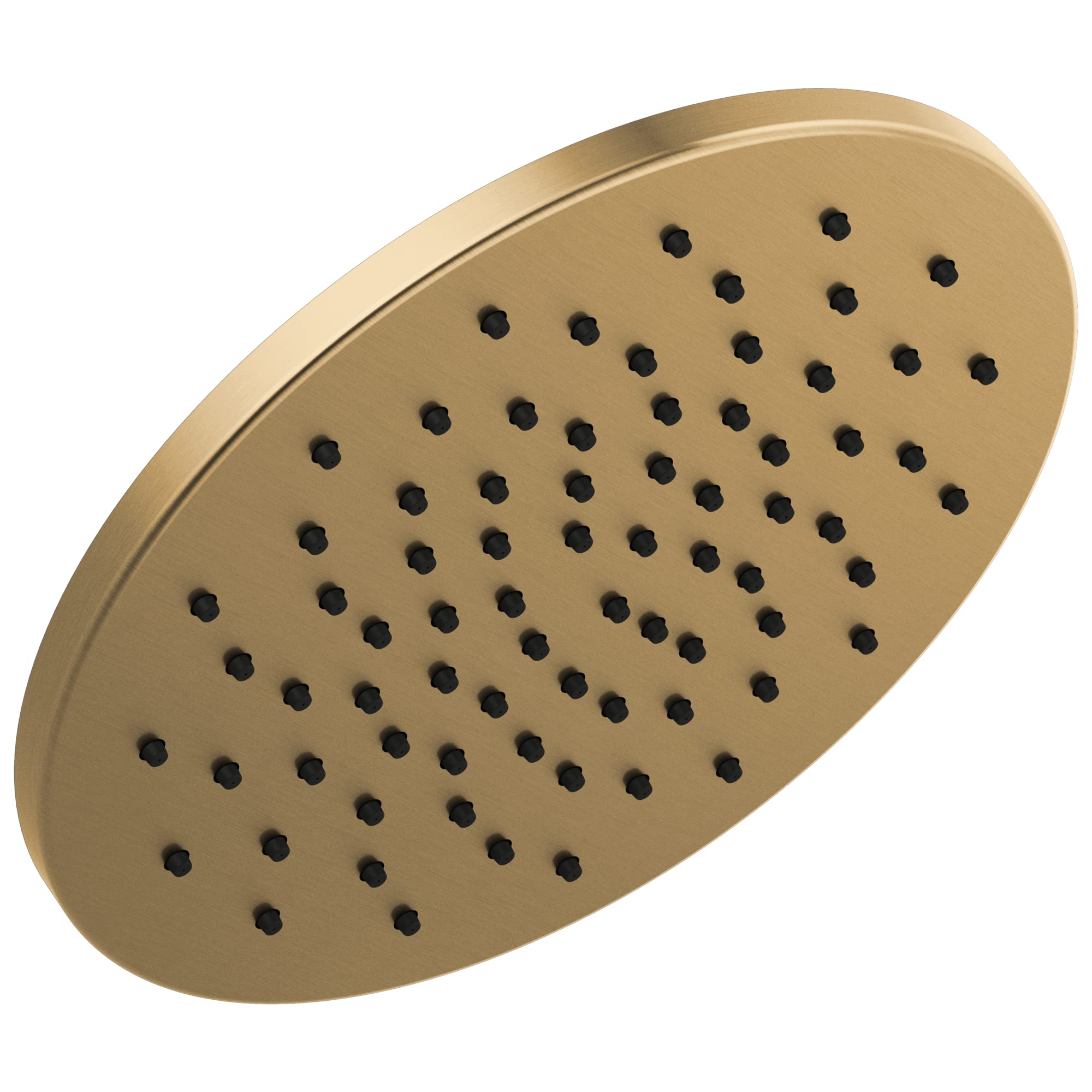 Champagne bronze round raincan shower head with multiple water jets distributed across the face.