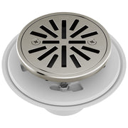 Round stainless steel shower drain with radial slot pattern and white flange base.