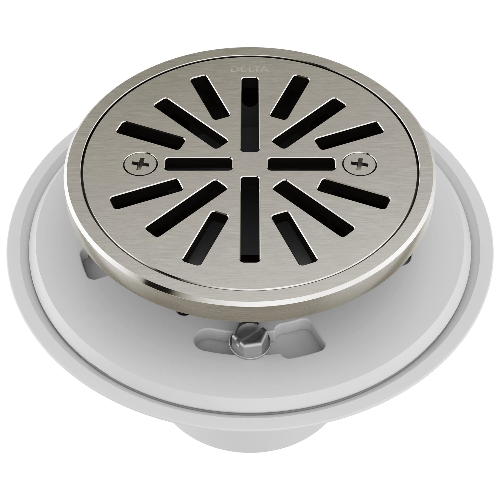 Round stainless steel shower drain with radial slot pattern and white flange base.