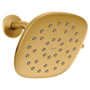 Brushed gold square rain shower head with multiple spray jets and circular wall mount connector.
