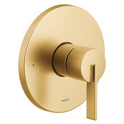 Brushed gold single-handle valve trim with circular backplate and rectangular lever handle.
