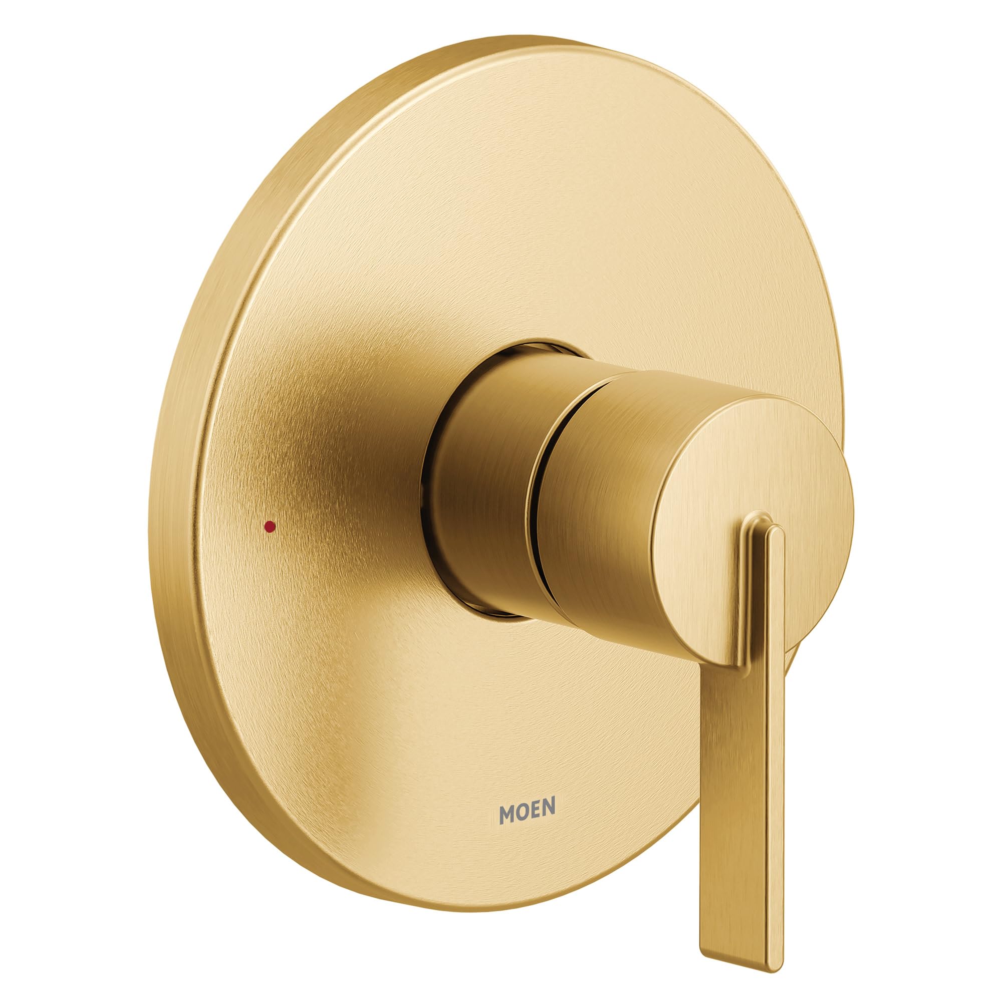 Brushed gold single-handle valve trim with circular backplate and rectangular lever handle.